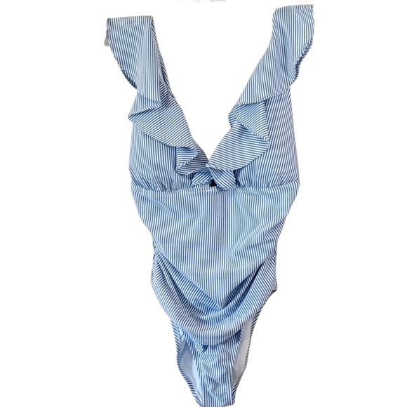 J. Crew Blue White Striped Ruffle Plunging One Piece Swimsuit Size 10 NWOT - Picture 1 of 6